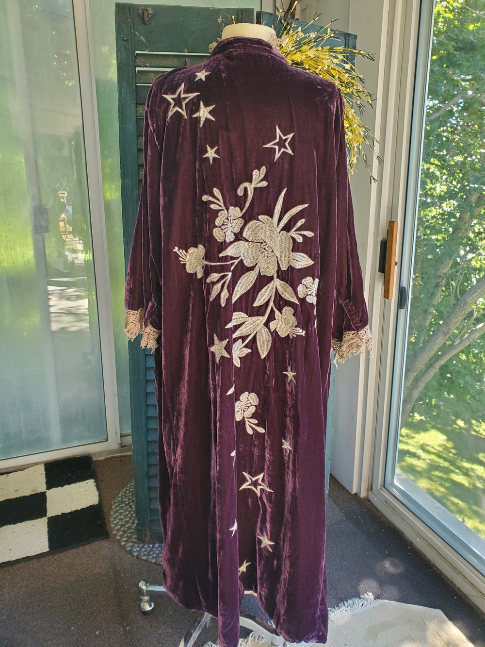 Embroidered Velvet Long Robe in Plum - Picture 2 of 3